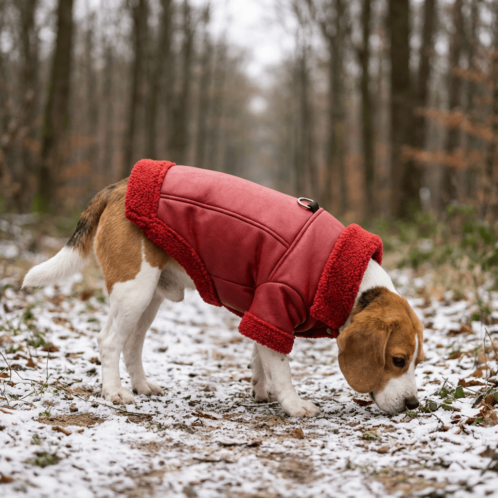 Faux Leather Dog Jacket on a Beagle in winter setting, featuring cozy fleece lining for ultimate comfort.