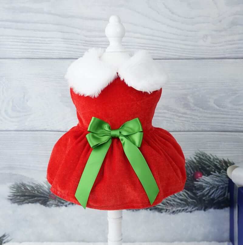 Festive Christmas Princess Dog Dress for small dogs, red with white fur collar and green bow, by Dogs & Cats.