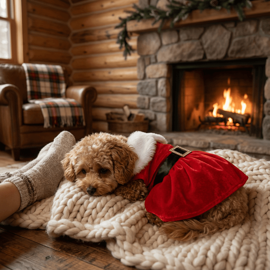 Festive Christmas Princess Dog Dress on a cute small dog relaxing by a cozy fireplace in a home setting.