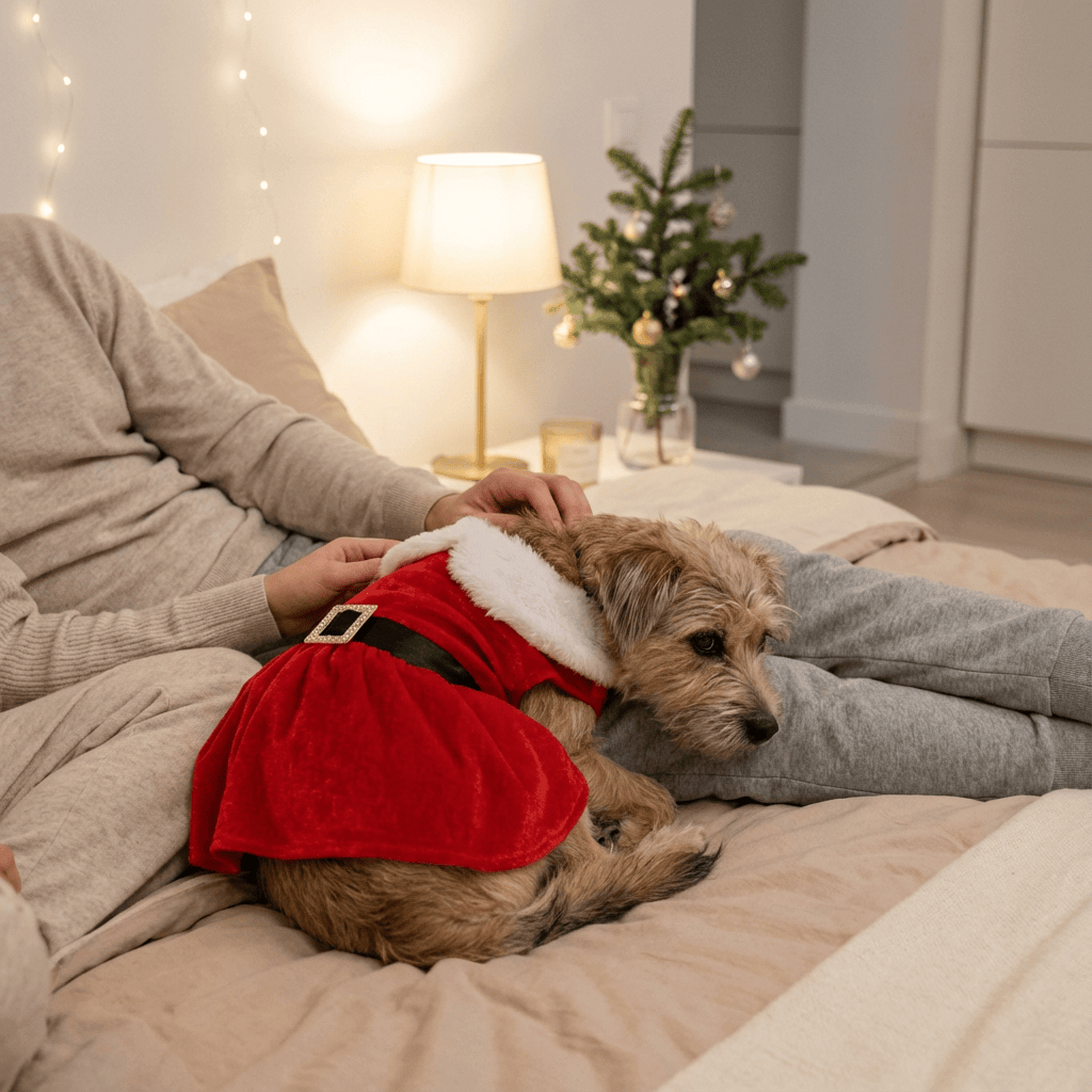 Festive Christmas Princess Dog Dress on a small dog sitting beside a person on a cozy bed, perfect for holiday celebrations.