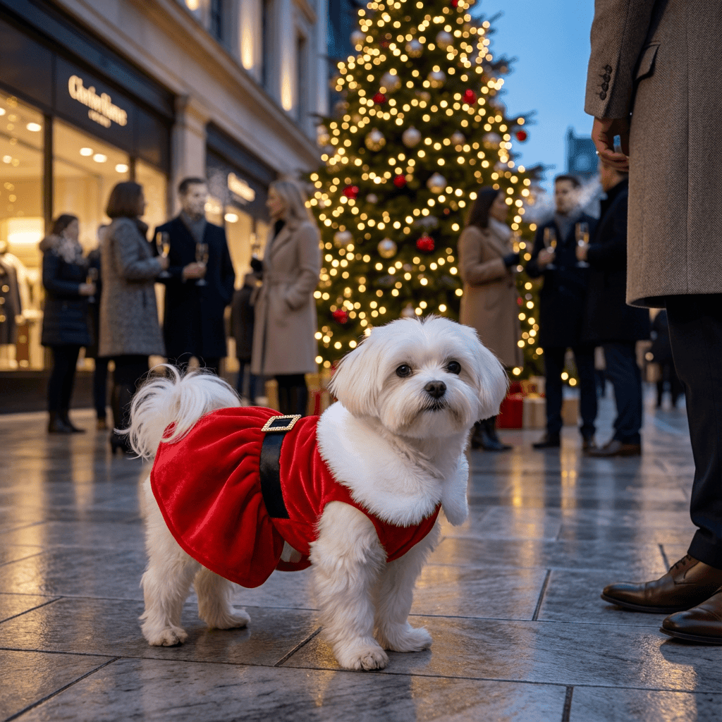 Festive Christmas Princess Dog Dress on small dog with festive backdrop, perfect for holiday celebrations and everyday sparkle.