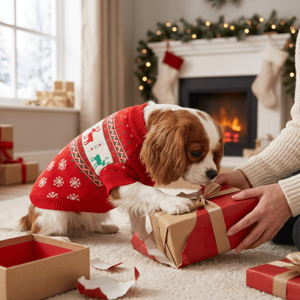 Festive Comfort Pet Sweater on a dog by the fireplace, perfect for winter holidays with features for comfort and warmth.