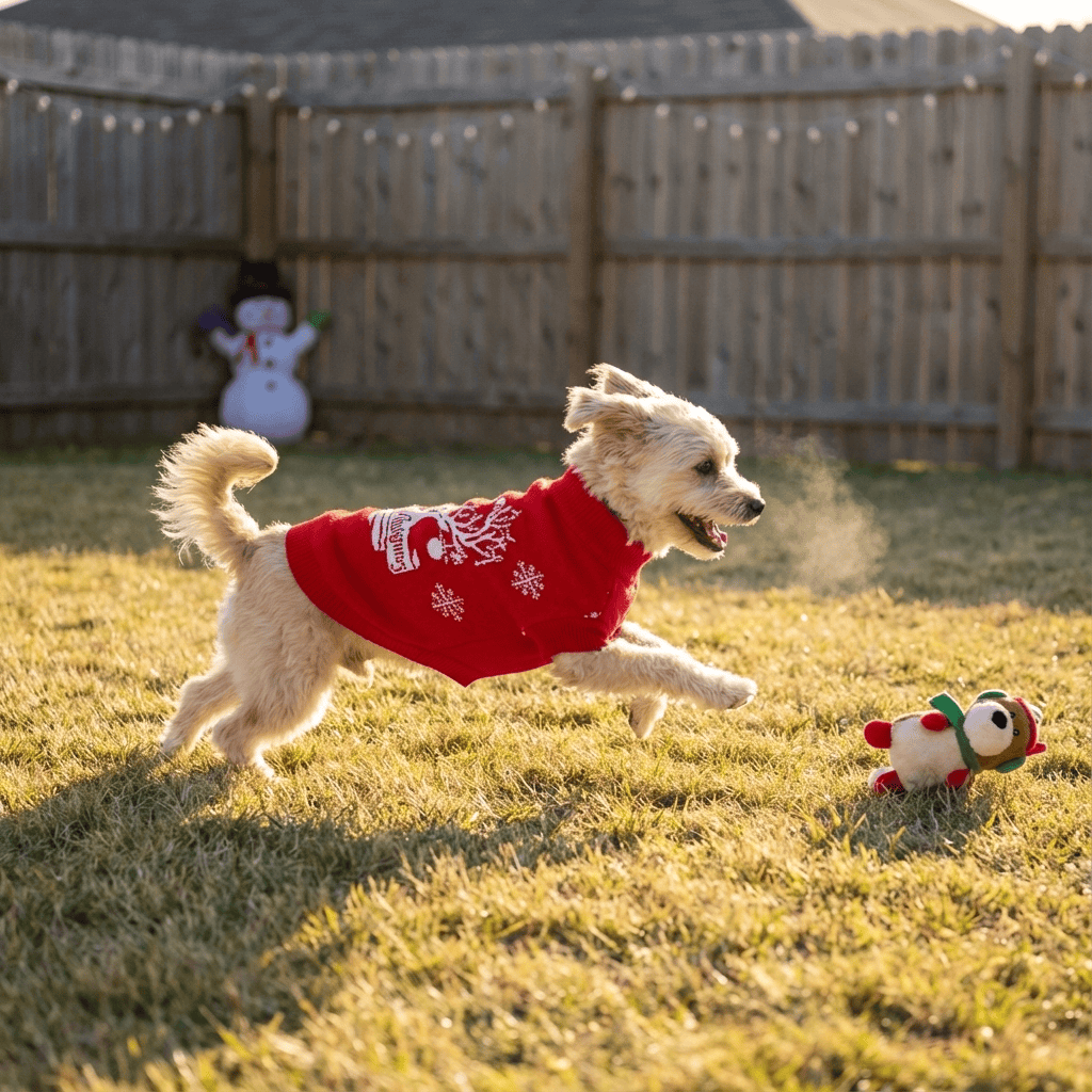 Dog wearing a Festive Comfort Pet Sweater playing with a toy in a grassy yard, perfect for winter fun.