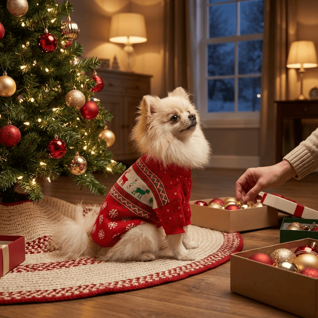 Festive Comfort Pet Sweater on a Pomeranian next to a Christmas tree with holiday decorations.