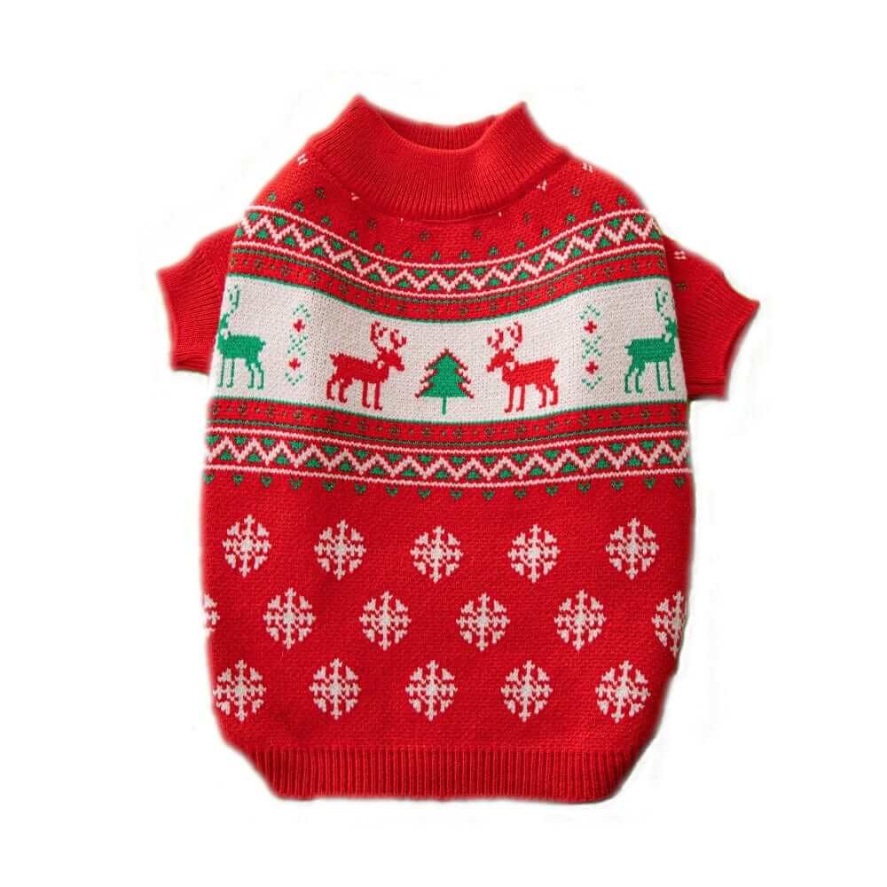 Festive Comfort Pet Sweater for Dogs & Cats, red holiday sweater with reindeer design and soft fabric.