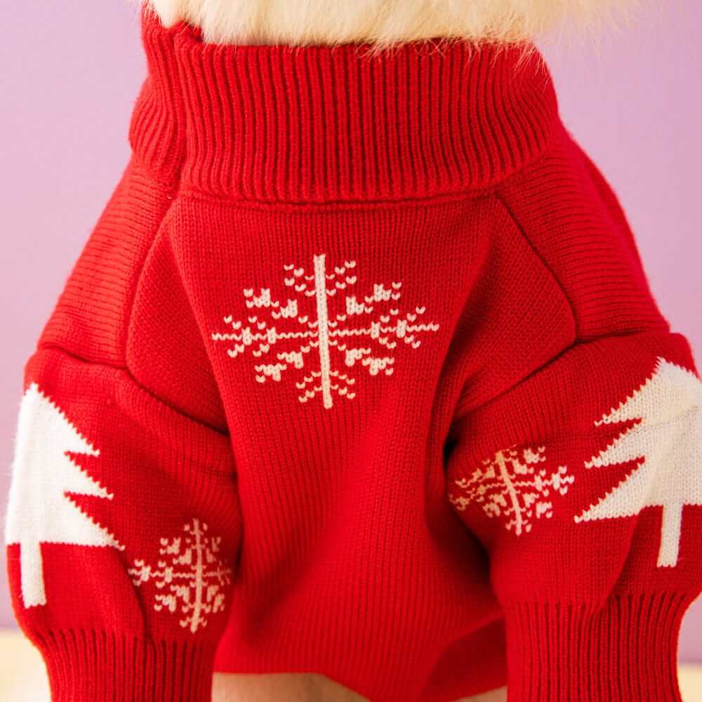 Festive Comfort Pet Sweater, a cozy red dog sweater with snowflakes and trees, perfect for dogs and cats.