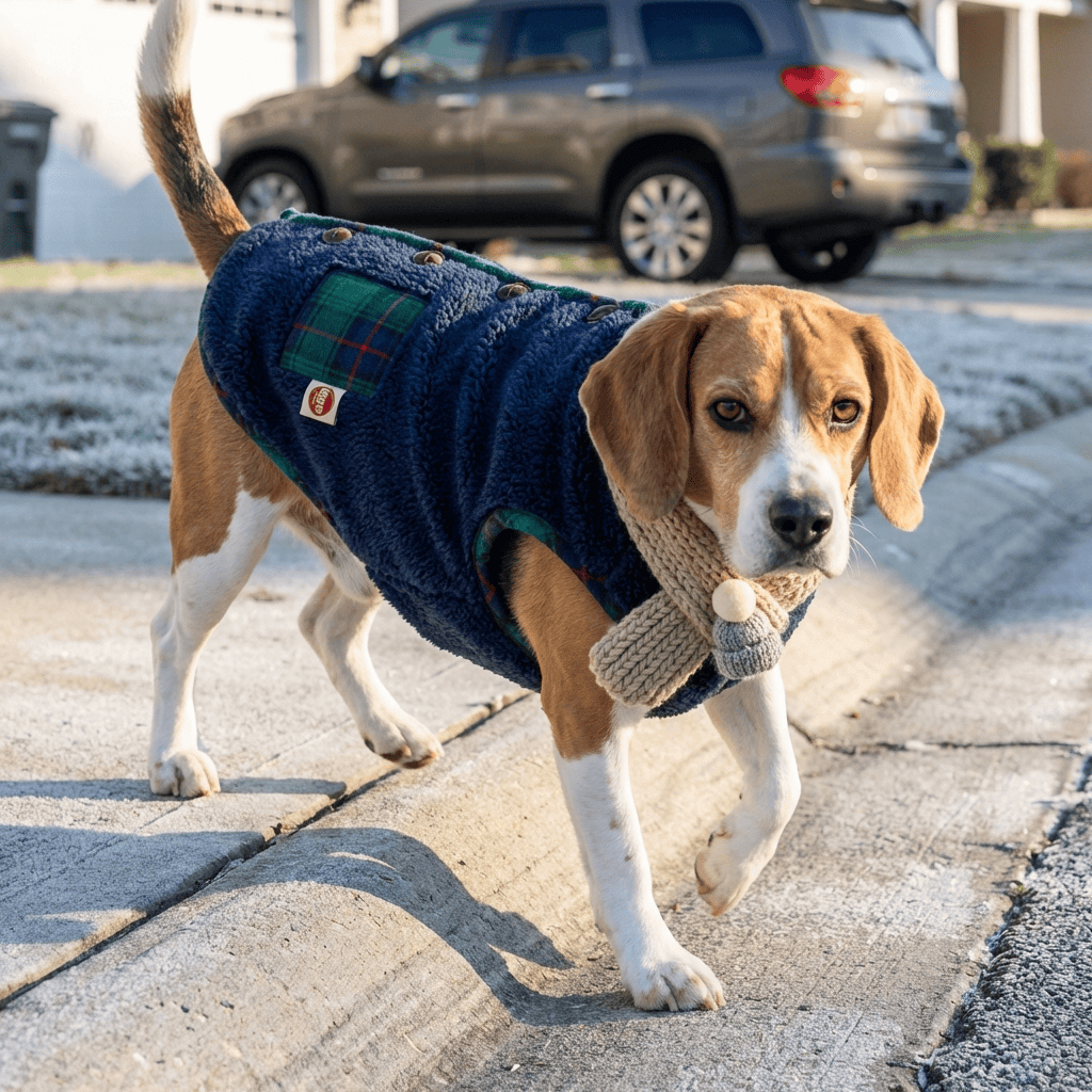 Festive Fleece Holiday Dog Vest on a beagle wearing a cozy dog jacket, perfect for winter warmth and seasonal style.
