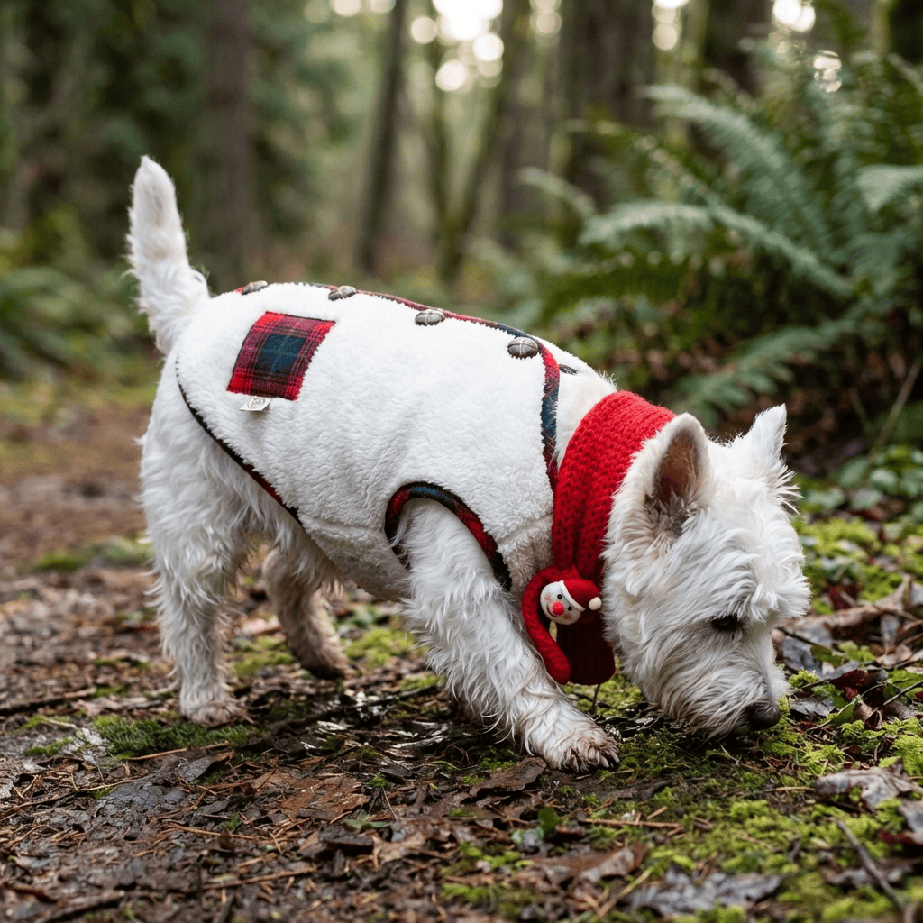 Festive Fleece Holiday Dog Vest on a dog in a forest, showcasing cozy warmth and seasonal style for Dogs & Cats brand.