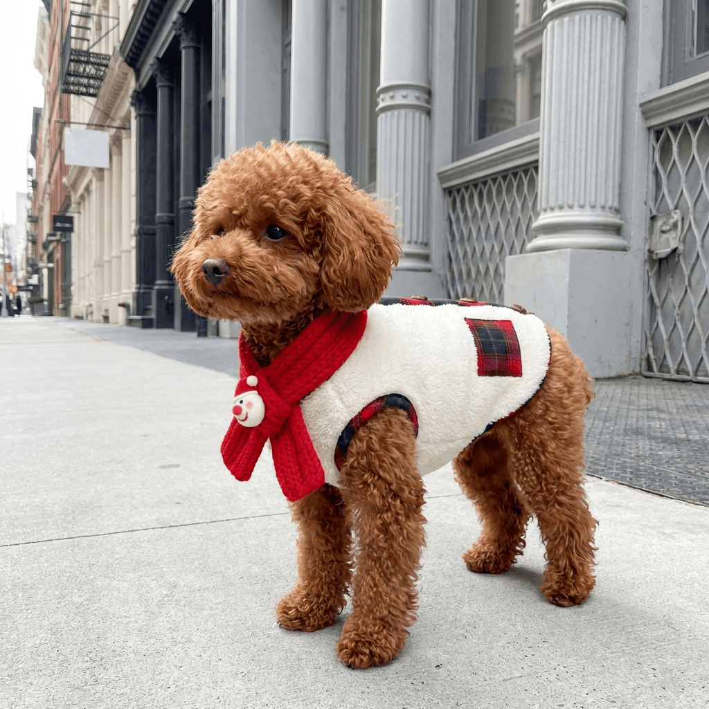 Festive Fleece Holiday Dog Vest on a poodle, featuring a cozy design with holiday colors and scarf for winter warmth.