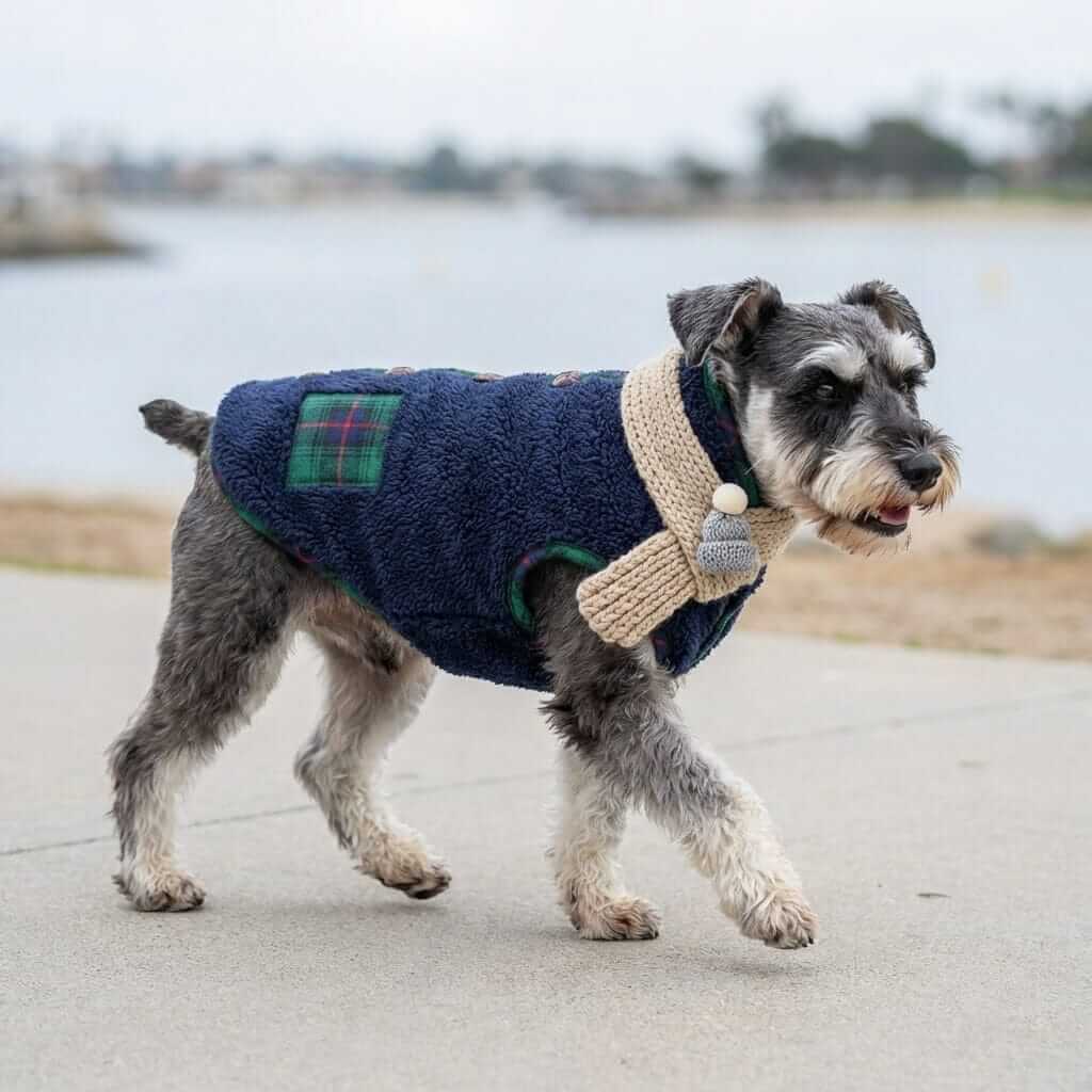 Festive Fleece Holiday Dog Vest on a dog walking by the water, featuring cozy fleece and seasonal style by Dogs & Cats.