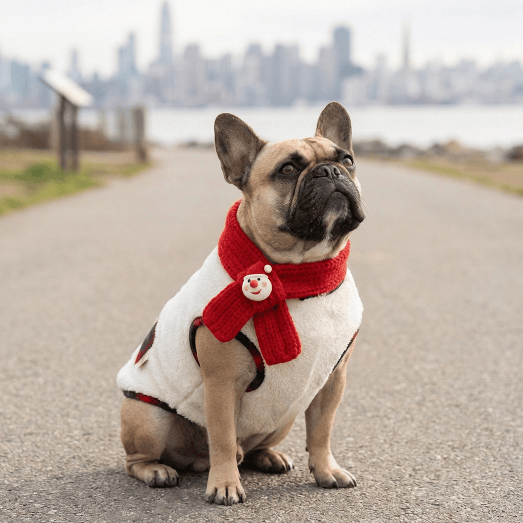 Festive Fleece Holiday Dog Vest on a French Bulldog, showcasing premium fleece with festive scarf for cozy winter style.