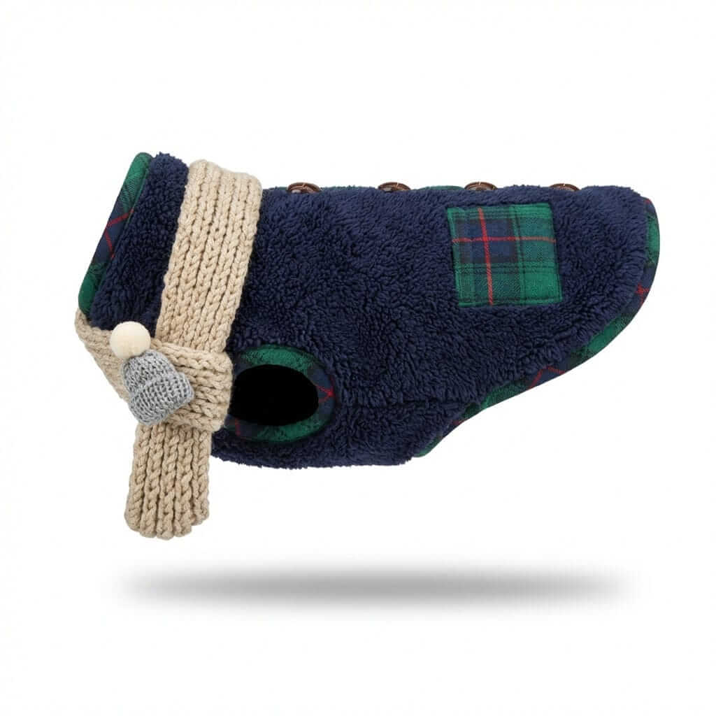 Festive Fleece Holiday Dog Vest, cozy winter pet jacket with plaid and knitted details for dogs and cats.