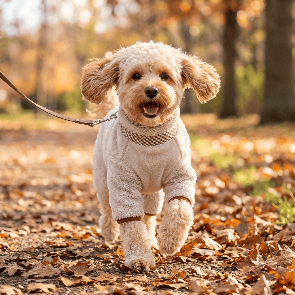 Fleece Dog Jumpsuit on a small dog walking in autumn leaves, cozy fleece outfit with leash D-ring for outdoor adventures.