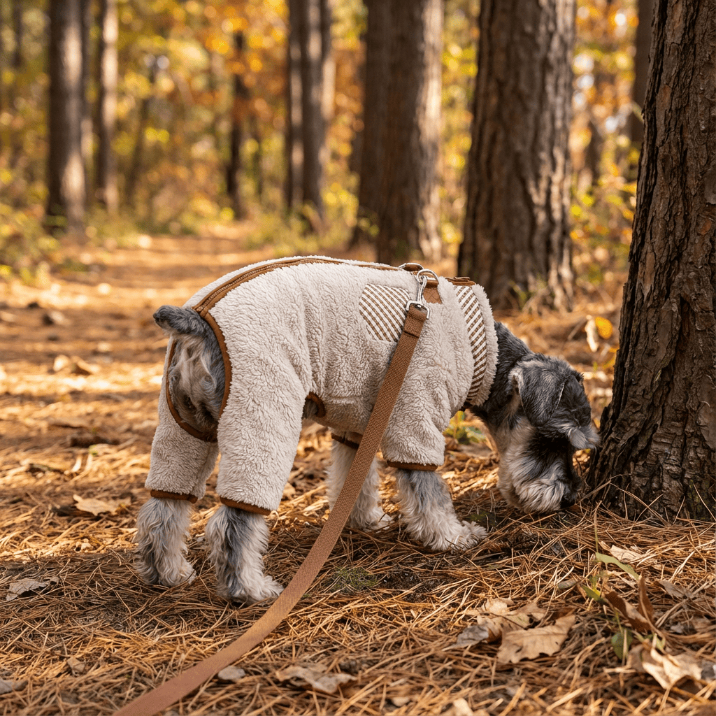 Fleece Dog Jumpsuit for small dogs, soft fleece fabric, leash D-ring feature, perfect for walks in fall outdoors.