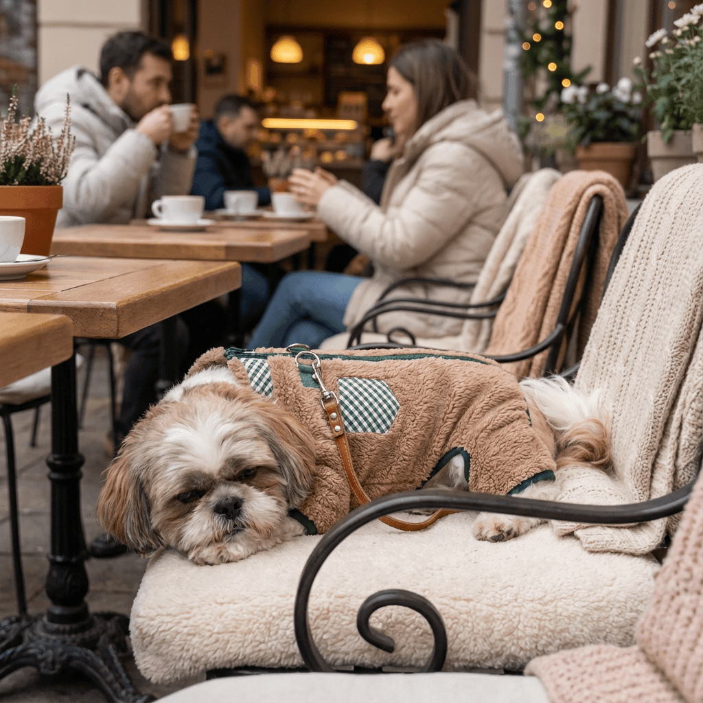Fleece Dog Jumpsuit on a relaxed dog at a cafe, showcasing its cozy fleece fabric and leash D-ring feature.