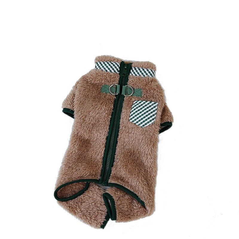 Fleece Dog Jumpsuit cozy outfit with leash D-ring for small to medium dogs by Dogs & Cats brand.