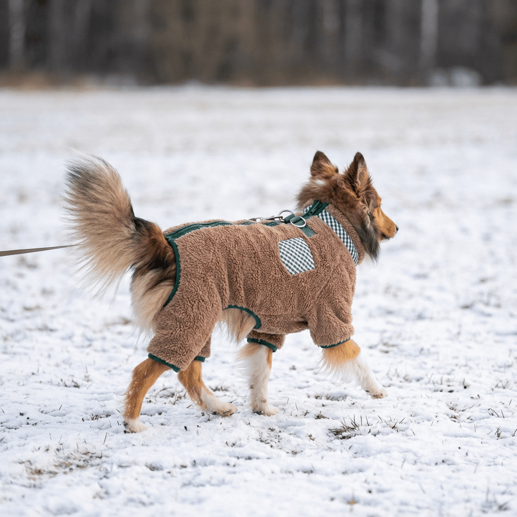 Fleece Dog Jumpsuit for small to medium-sized dogs, featuring soft fleece material and a leash D-ring, providing warmth and style.