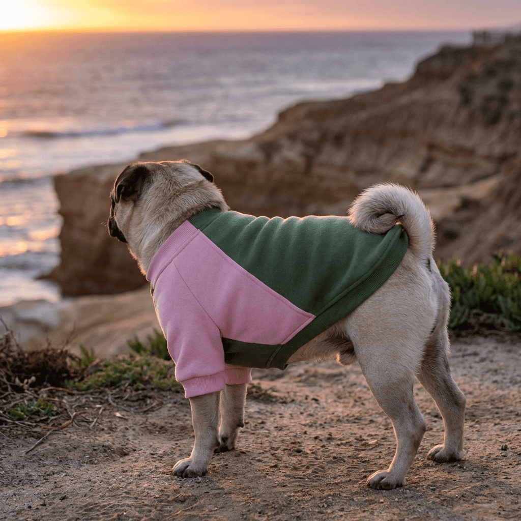 Dog wearing Fleece Soft Contrast Color Sweater in green and pink enjoying sunset by the ocean, showcasing warmth and style.