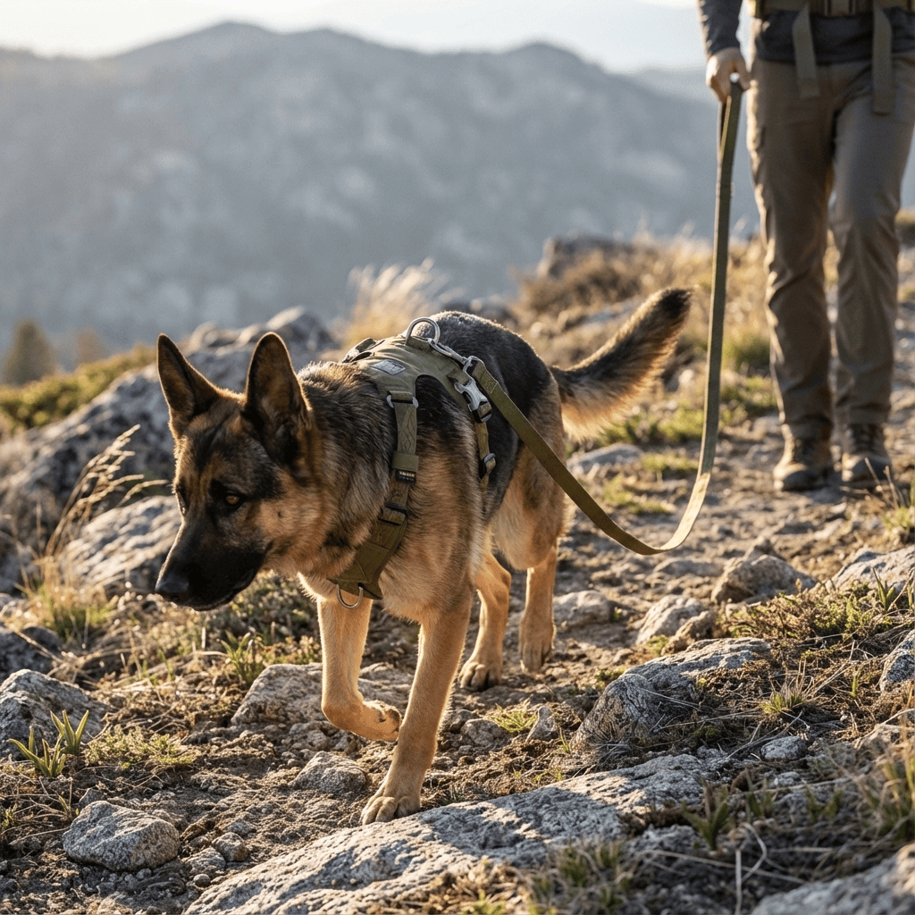 FlexiFit Nylon Dog Harness on a German Shepherd, perfect for outdoor adventures and training, featuring adjustable fit.