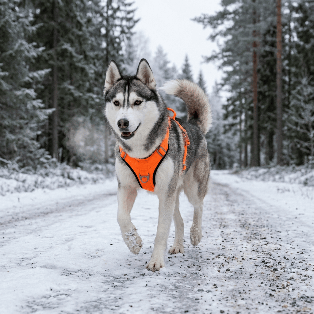 FlexiFit Nylon Dog Harness on a Siberian Husky walking through a snowy forest, featuring adjustable fit and stylish embroidery.
