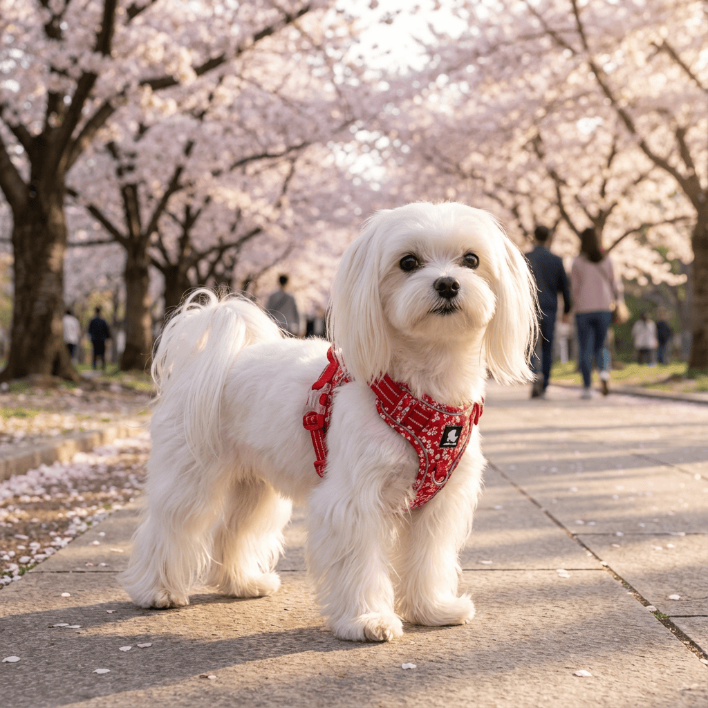 FloraComfort Dog Harness on a small white dog standing in a cherry blossom path, showcasing comfort and style.