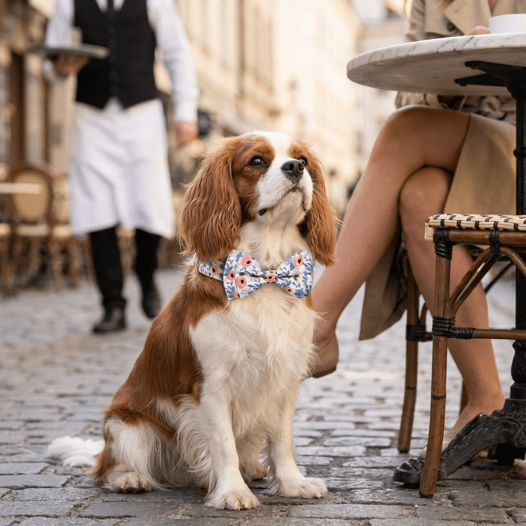 Floral Charm Detachable Dog Collar on a stylish dog at a café, showcasing elegance for dogs and cats.