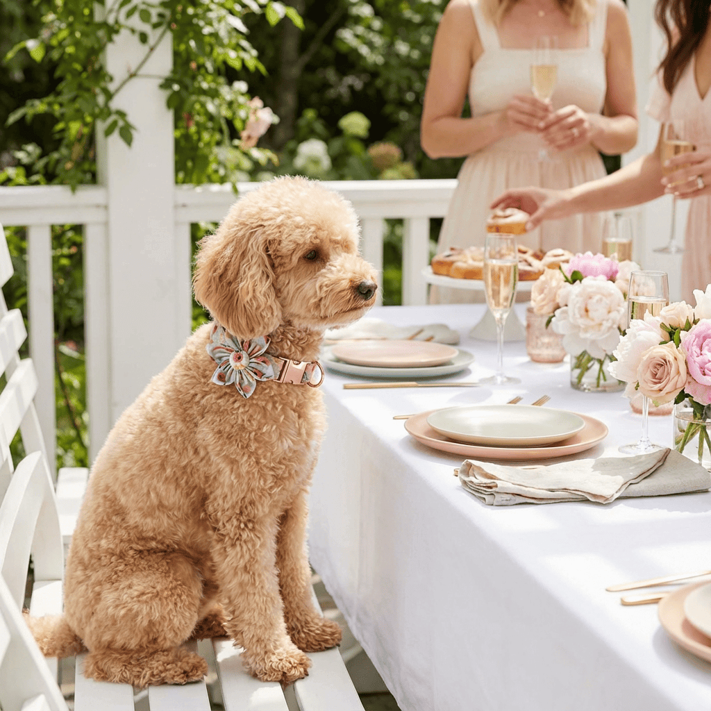 Floral Charm Detachable Dog Collar on a stylish dog at an outdoor table setting with flowers and food.