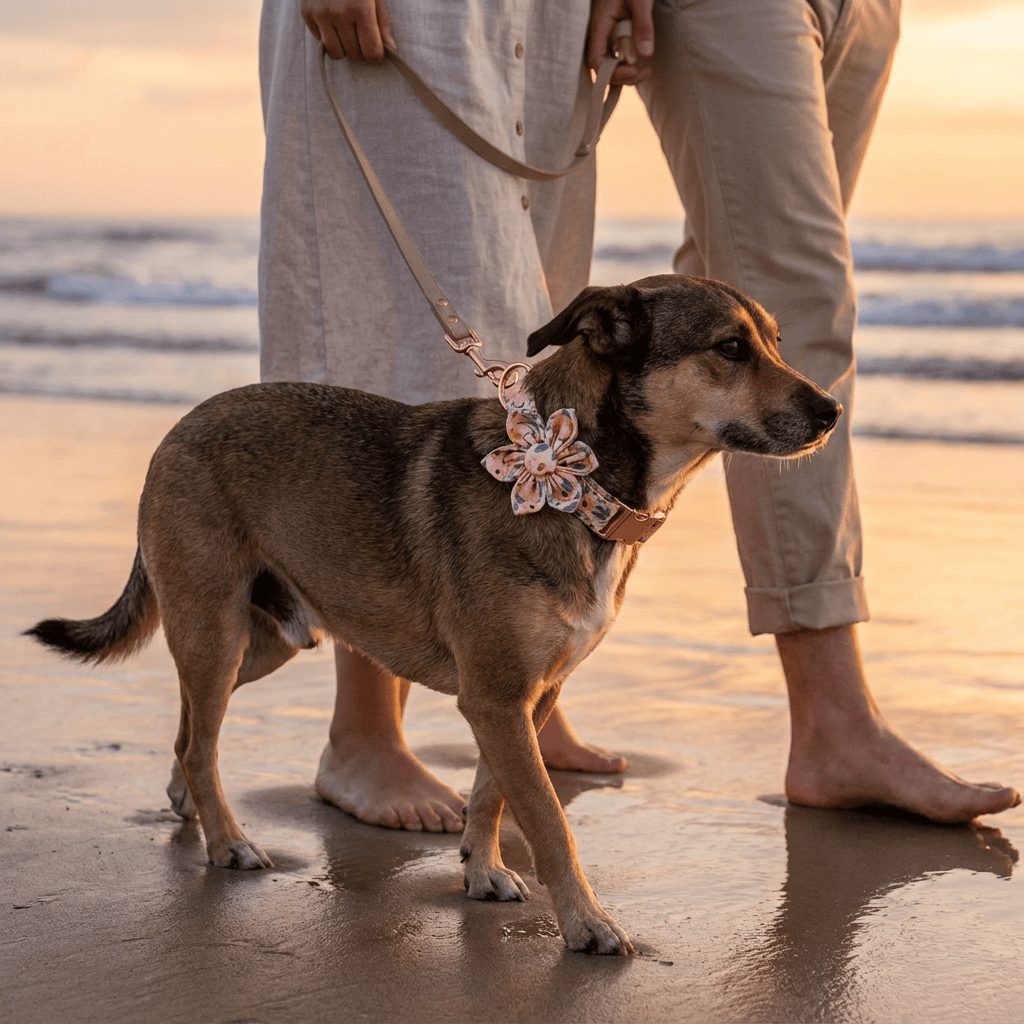 A dog wearing a Floral Charm Detachable Dog Collar with flower accent, walking on the beach at sunset.