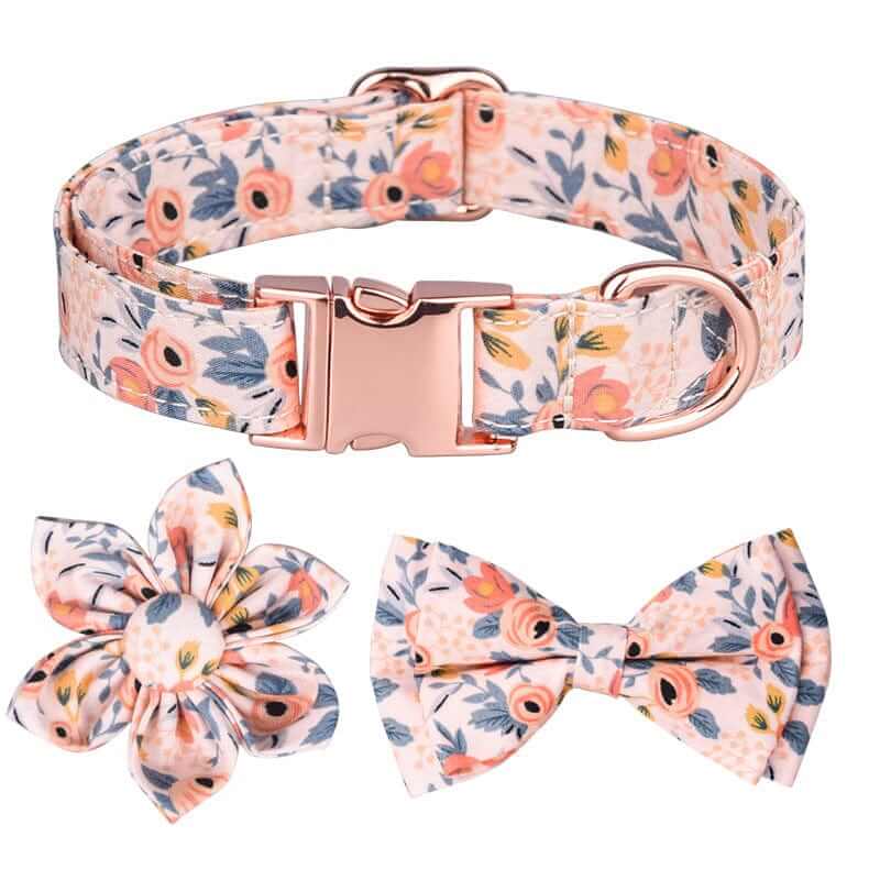 Floral Charm Detachable Dog Collar featuring a floral accent and bow tie, stylish and comfortable for dogs and cats.