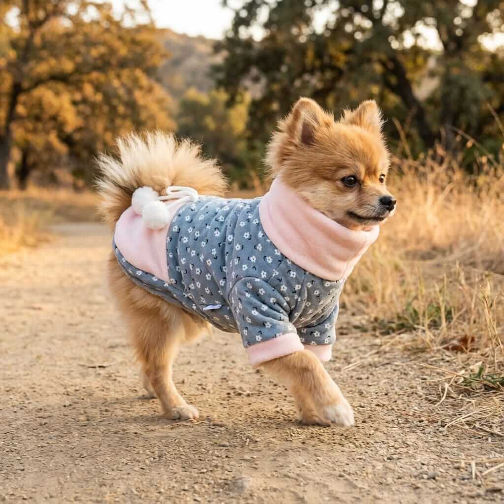 Floral High Neck Dog Coat on a Pomeranian dog, featuring a cozy high neck, plush bottom, breathable fabric, Dogs & Cats.