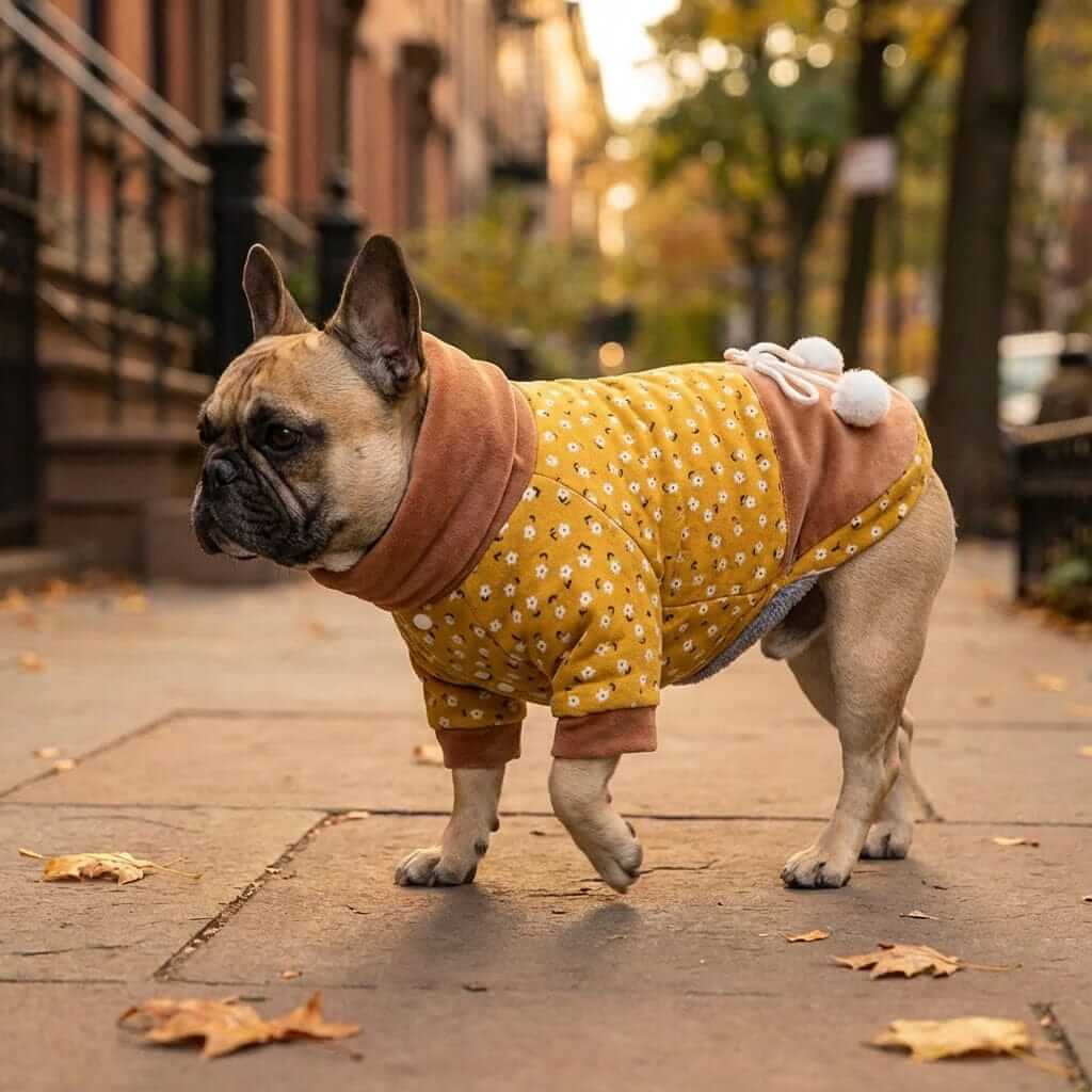 Floral High Neck Dog Coat on a French Bulldog, featuring plush fabric, lightweight design for dogs & cats.
