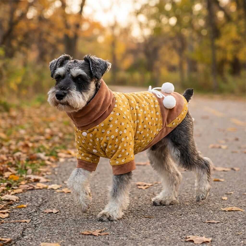 Floral High Neck Dog Coat on a cute dog, featuring breathable fabric, high neck, and fluffy design from Dogs & Cats.