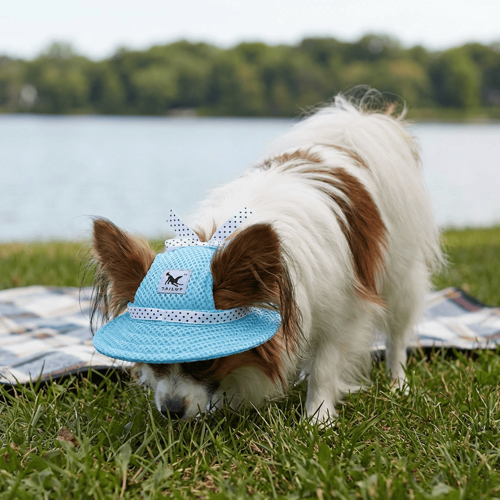 Floral Mesh Breathable Sun Hat on a dog, featuring breathable mesh, adjustable fit, perfect for dogs and cats.