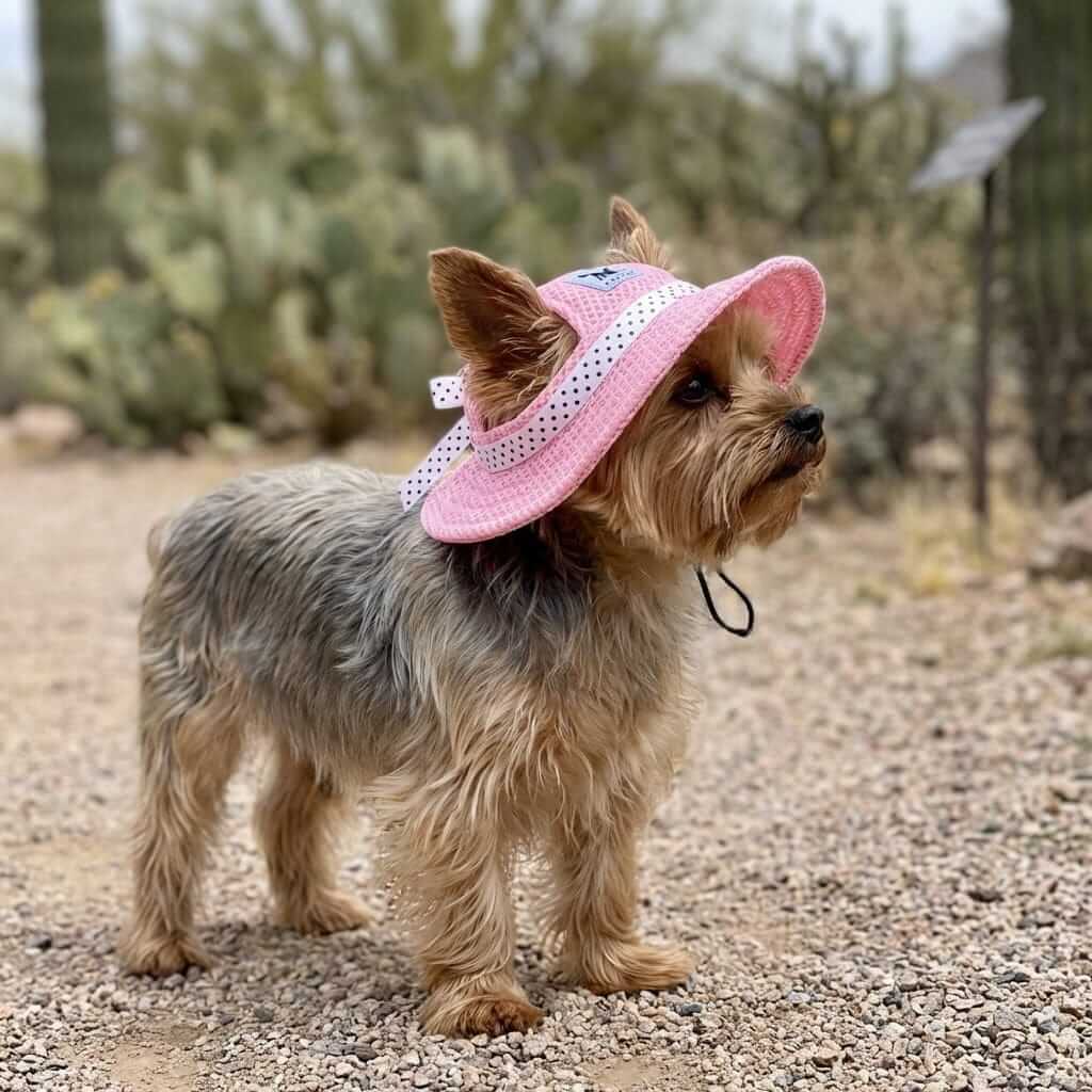 Floral Mesh Breathable Sun Hat on a dog, featuring a floral pattern, adjustable fit, breathable mesh for dogs & cats.