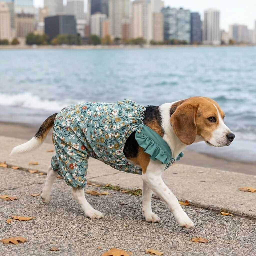 Floral Ways Dog Shirt on a Beagle walking by the beach, featuring breathable material for comfort - Dogs & Cats.
