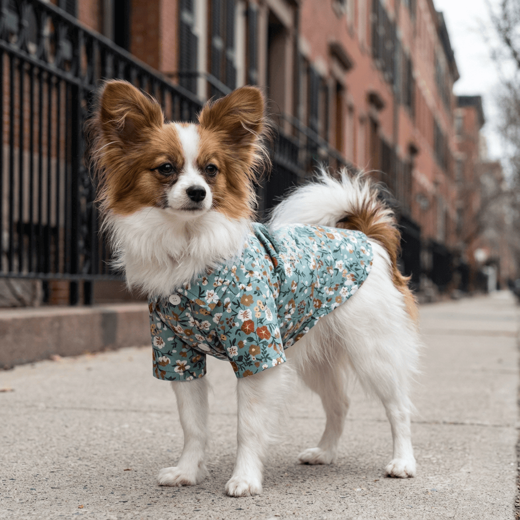 Floral Ways Dog Shirt on a small dog standing on the street, showcasing the colorful floral design and breathable features.