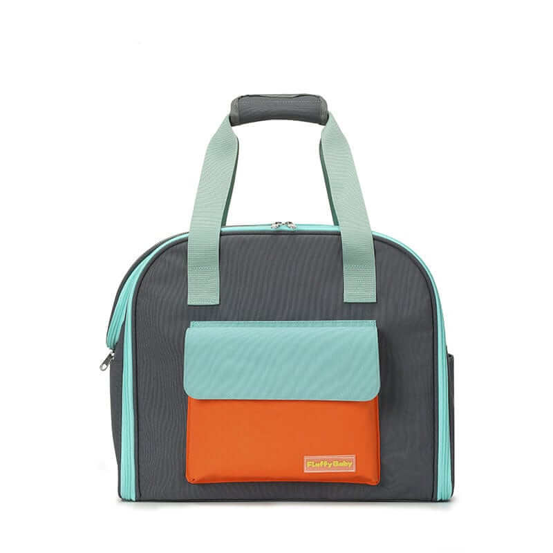 Foldable Pet Travel Backpack in gray and teal with orange pocket, perfect for dogs and cats travel.