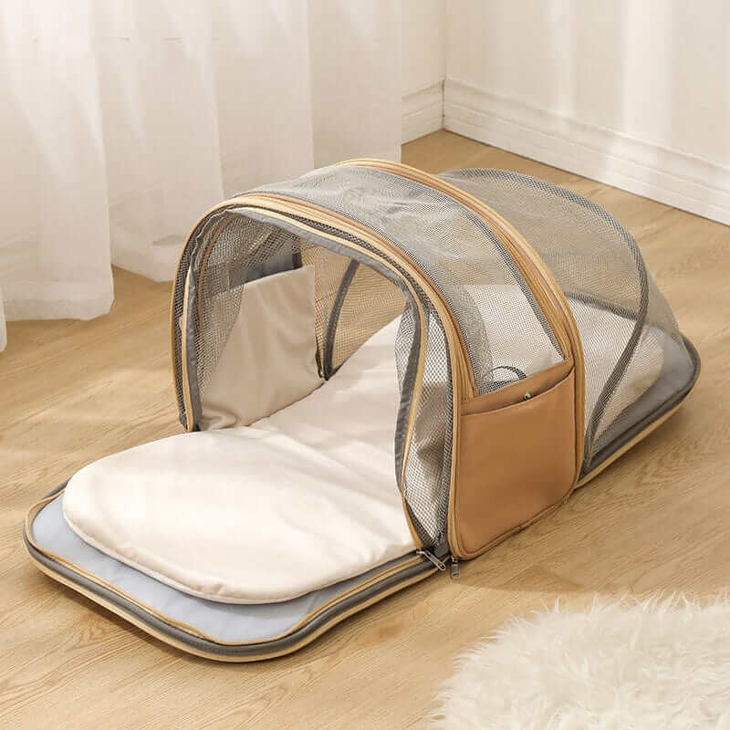 Foldable Pet Travel Backpack, pet travel bag with breathable mesh panels, comfortable design for dogs and cats.