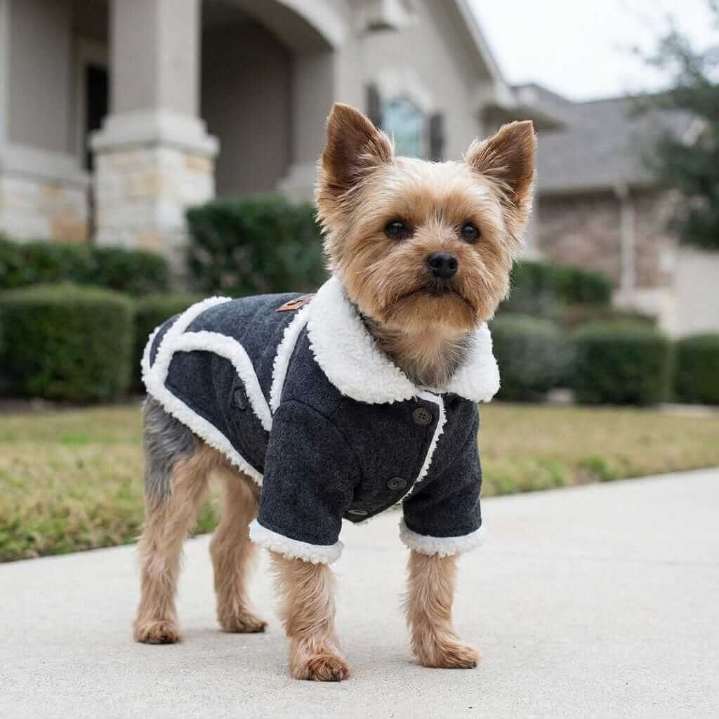 French Bulldog Thick Warm Dog Jacket on a Yorkshire Terrier, featuring cozy fleece, lightweight feel, Dogs & Cats brand.