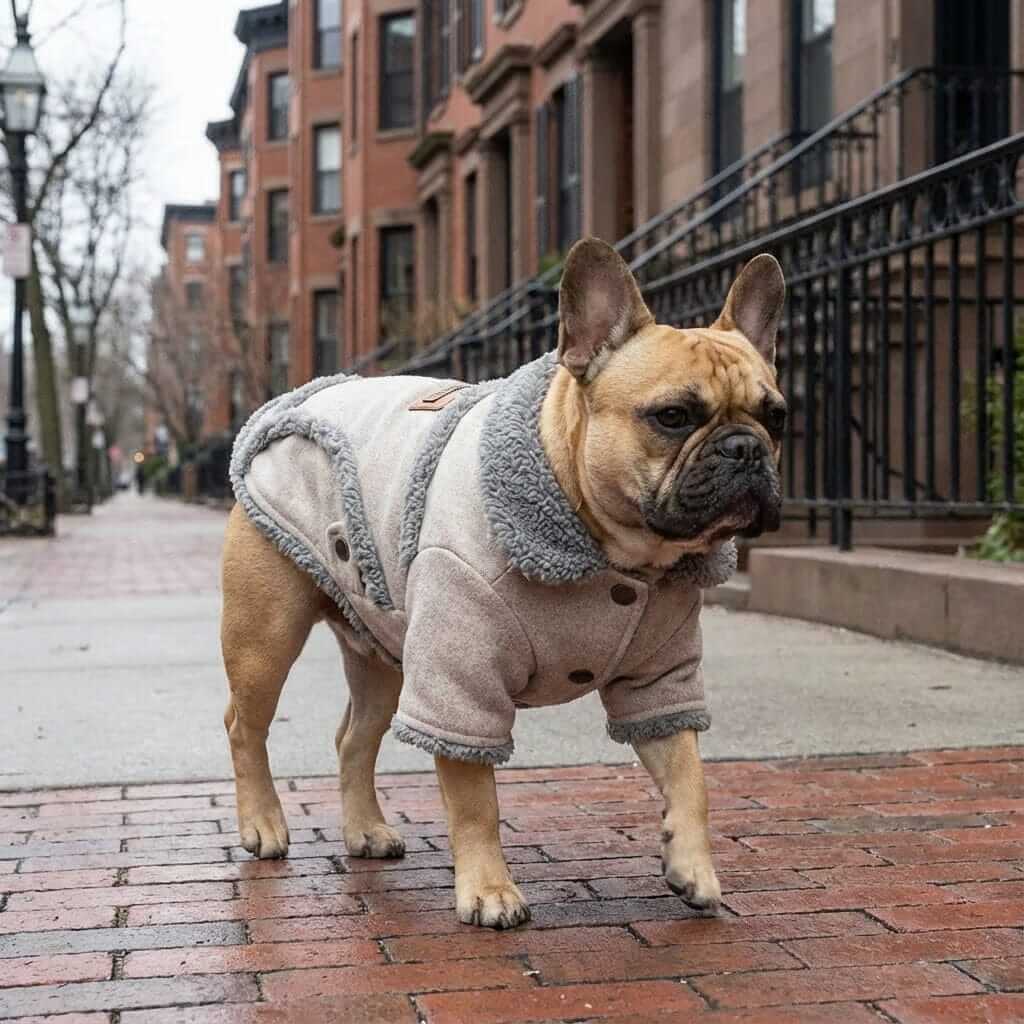 French Bulldog Thick Warm Dog Jacket worn by a dog walking on a city sidewalk, featuring breathable and lightweight design.
