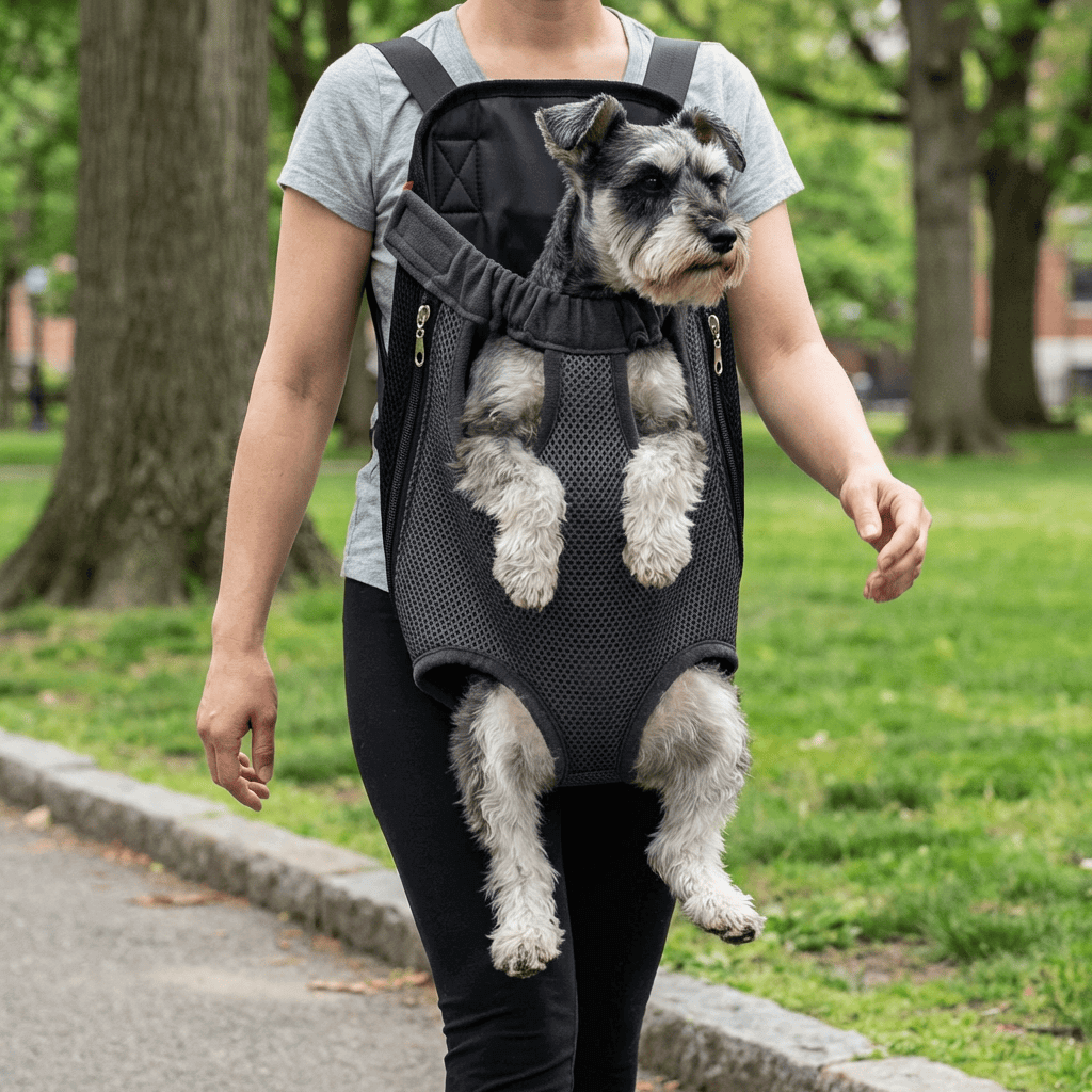 Person walking with dog in Front Pet Outdoor Carrier featuring adjustable shoulder design and extra padding for comfort.