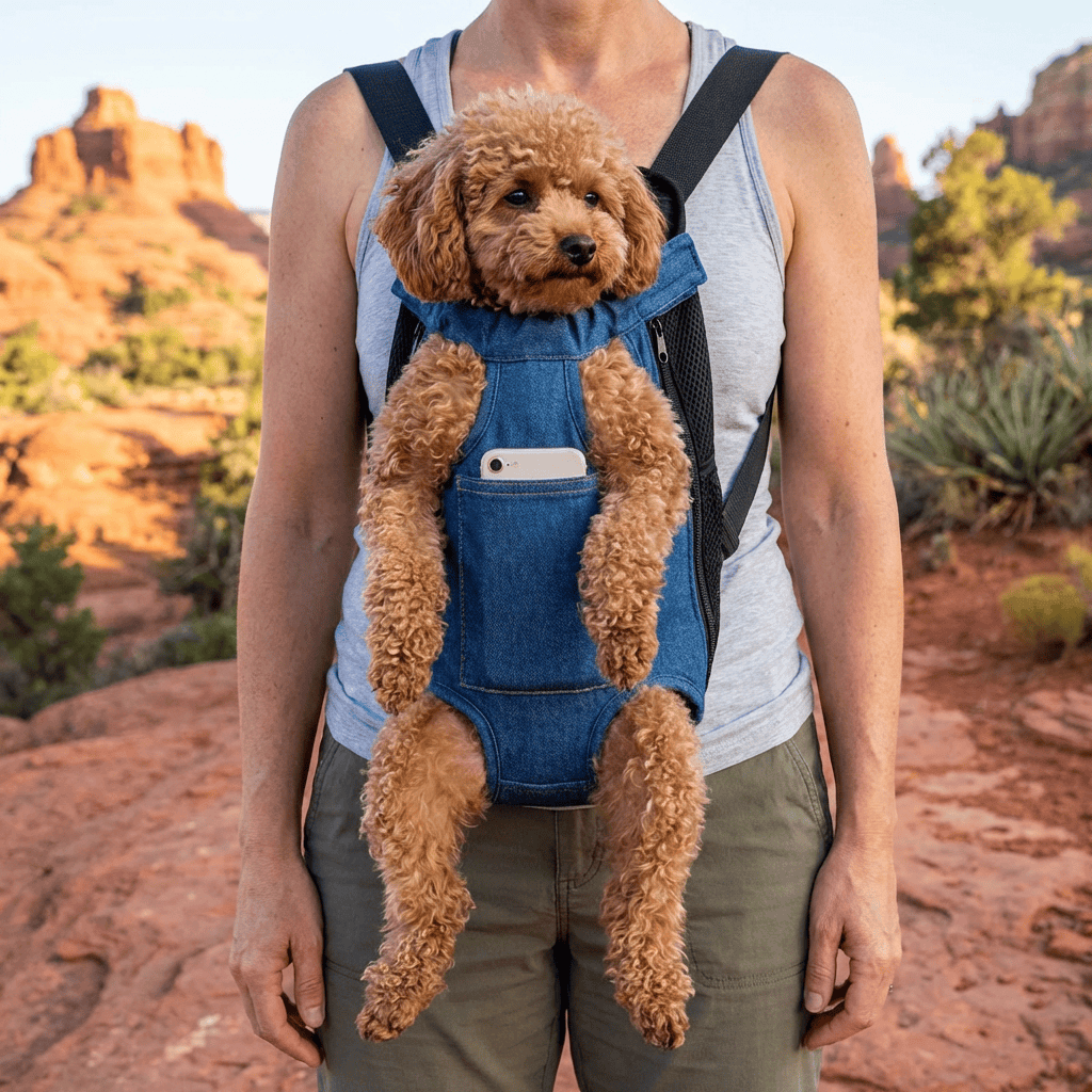 Front Pet Outdoor Carrier with a plush dog carried comfortably in a hands-free design, perfect for dogs & cats.