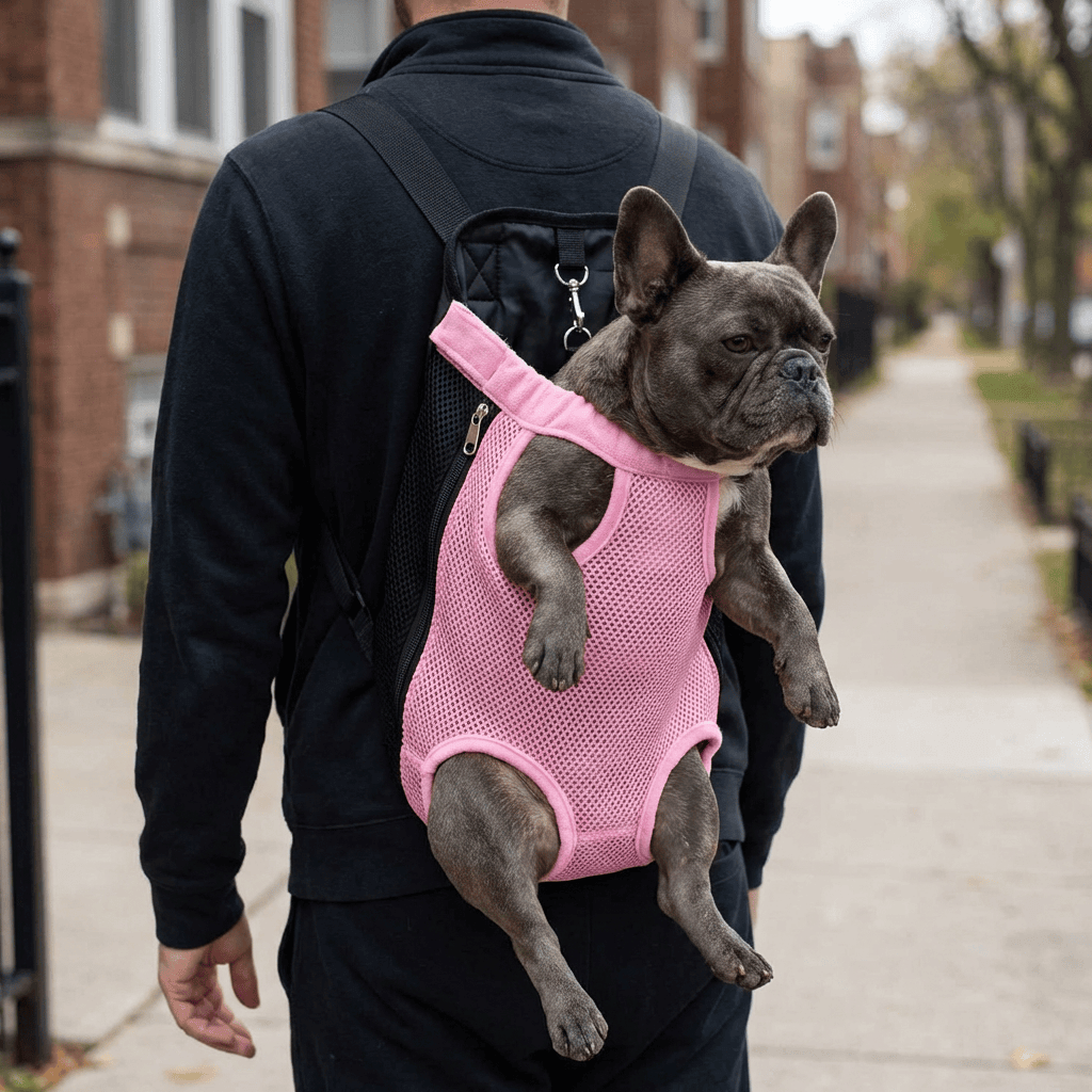 Front Pet Outdoor Carrier featuring a French Bulldog comfortably carried on a person's back with a stylish design.