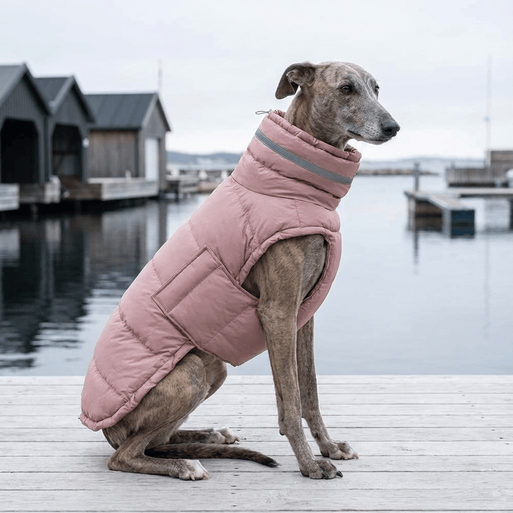 FrostGuard Reflective Dog Jacket on a greyhound, padded, waterproof with reflective strips by Dogs & Cats.