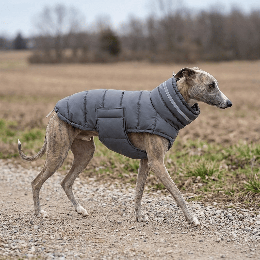 FrostGuard Reflective Dog Jacket on a dog, padded waterproof jacket for winter, featuring reflective strips, by Dogs & Cats.