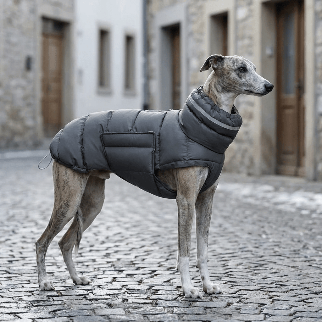 FrostGuard Reflective Dog Jacket on a greyhound, showcasing waterproof features for winter protection.