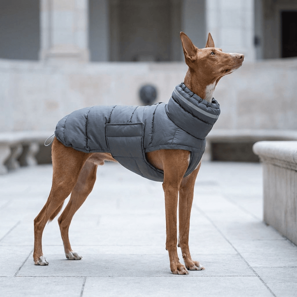 FrostGuard Reflective Dog Jacket on a dog, padded and waterproof, features reflective strips for safety.