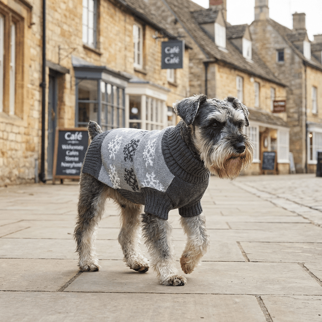Frosty Paws Dog Sweater on a Schnauzer walking on a cobblestone street, featuring a snowflake pattern in gray.