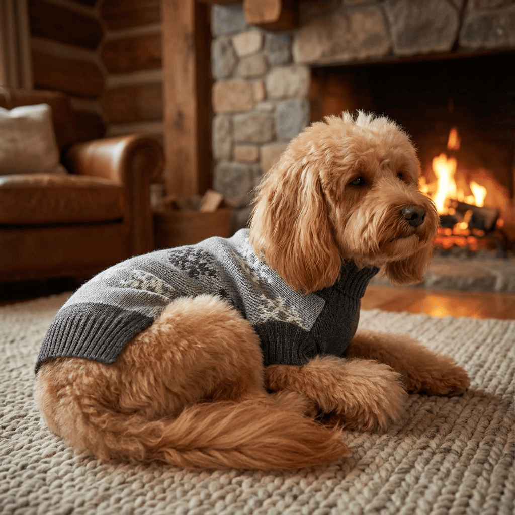 Frosty Paws Dog Sweater on a cozy dog by the fireplace, featuring a snowflake pattern, perfect for winter.