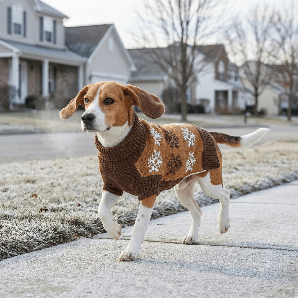 Dog wearing a Frosty Paws Dog Sweater with snowflake design, walking outdoors in winter scenery.